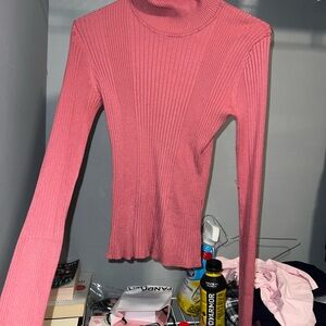 Women's Pink Ribbed Long Sleeve Turtleneck Top